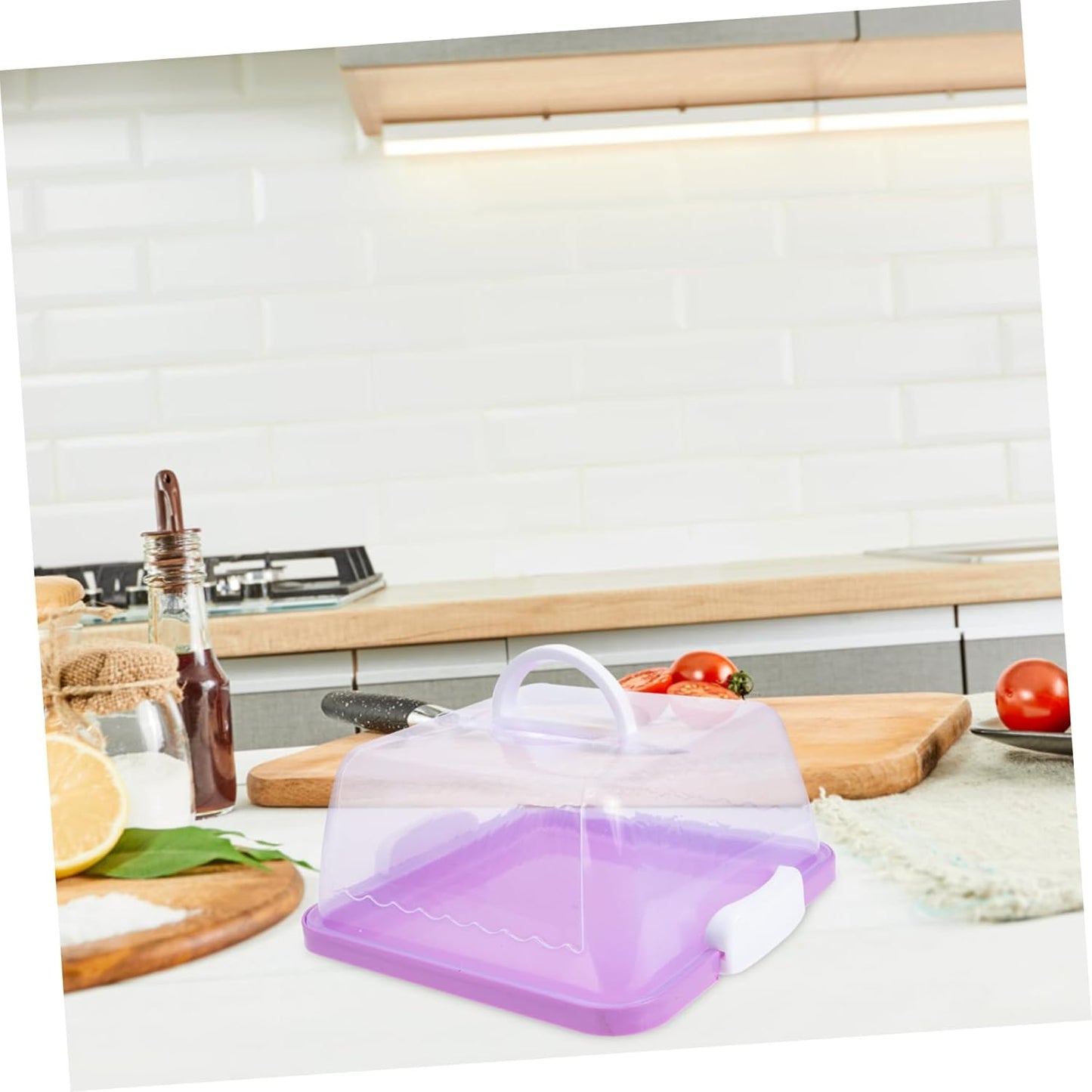 Rectangular Cake Carrier with Clear Lid – Portable Dessert Storage Box with Handle, Purple Food-Grade Plastic Container