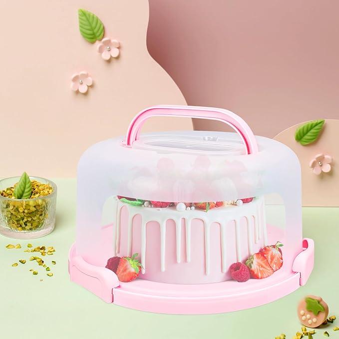 Pink Cake Carrier with Handle and Locking Lid – 12.2" Food-Grade Round Cake Storage Holder – Reusable Dessert Display Container with Transparent Dome and Twist-Lock Seals