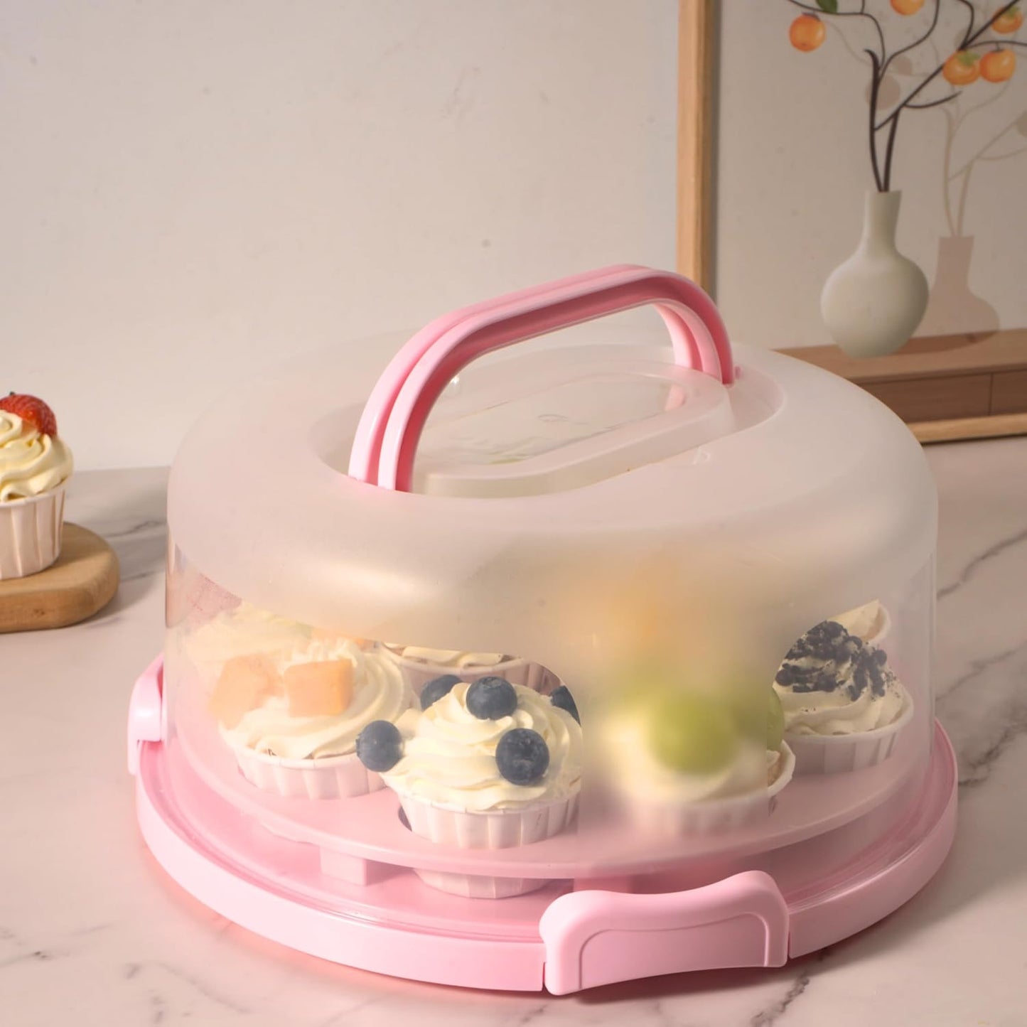 Portable Pink 2-Tier Cupcake Carrier with Clear Lid – Holds 12 Standard Cupcakes, Food-Grade Plastic Dessert Holder with Handle