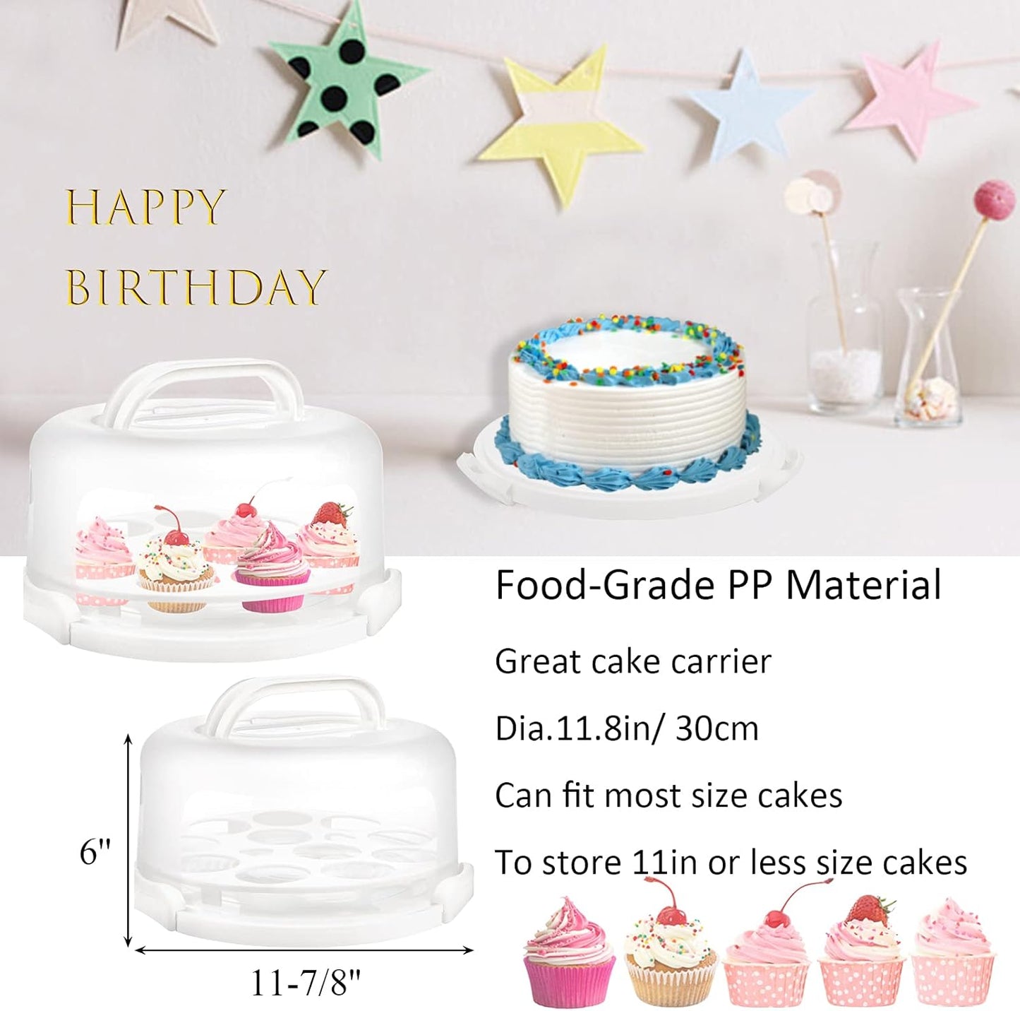 Portable Cake Carrier with Handle – Clear Dome Cake Storage Box for 11-inch or Smaller Cakes and Cupcakes | Food-Grade PP Material