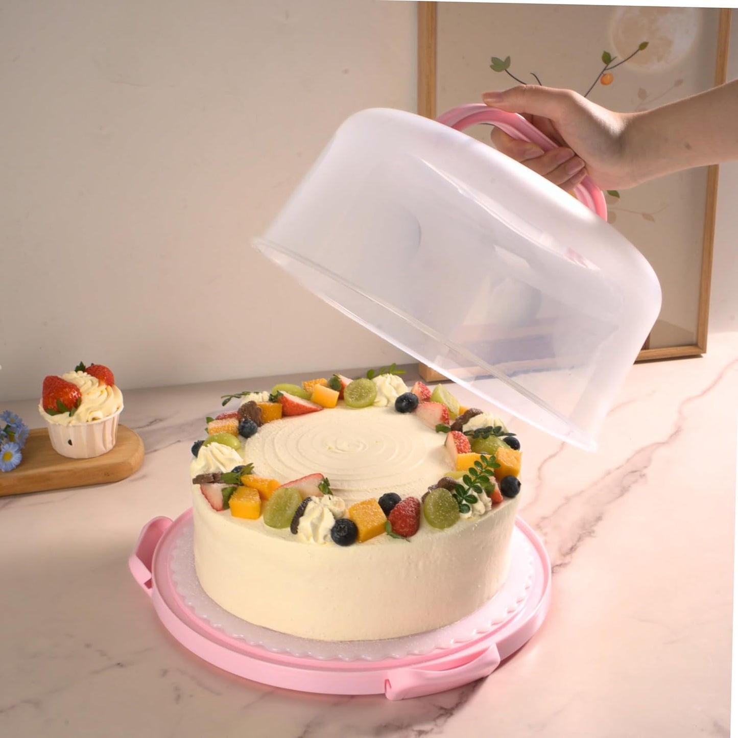 Portable Pink 2-Tier Cupcake Carrier with Clear Lid – Holds 12 Standard Cupcakes, Food-Grade Plastic Dessert Holder with Handle