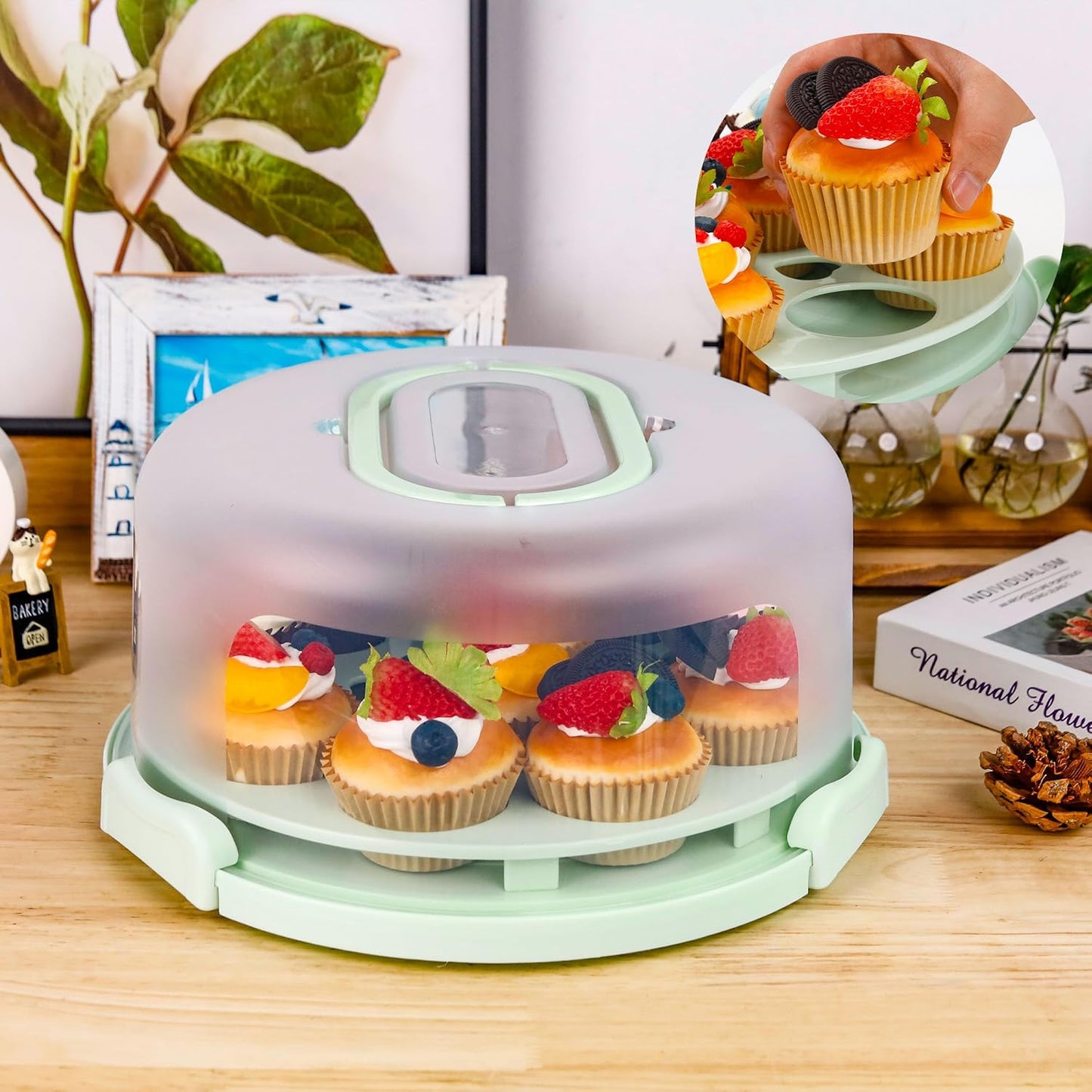 2-Tier Portable Cupcake Carrier with Clear Lid – Food-Grade PP Cake Holder with Handle, Holds 12 Standard Cupcakes