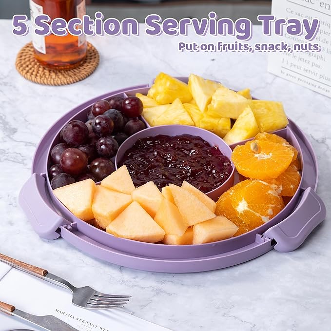 Multi-Purpose Cake Carrier with Lid | 5-Compartment Serving Tray for Fruits, Snacks, Desserts | Transparent Cover | Portable Handle | Ideal for Parties, Picnics, Birthdays, Afternoon Tea (Purple)