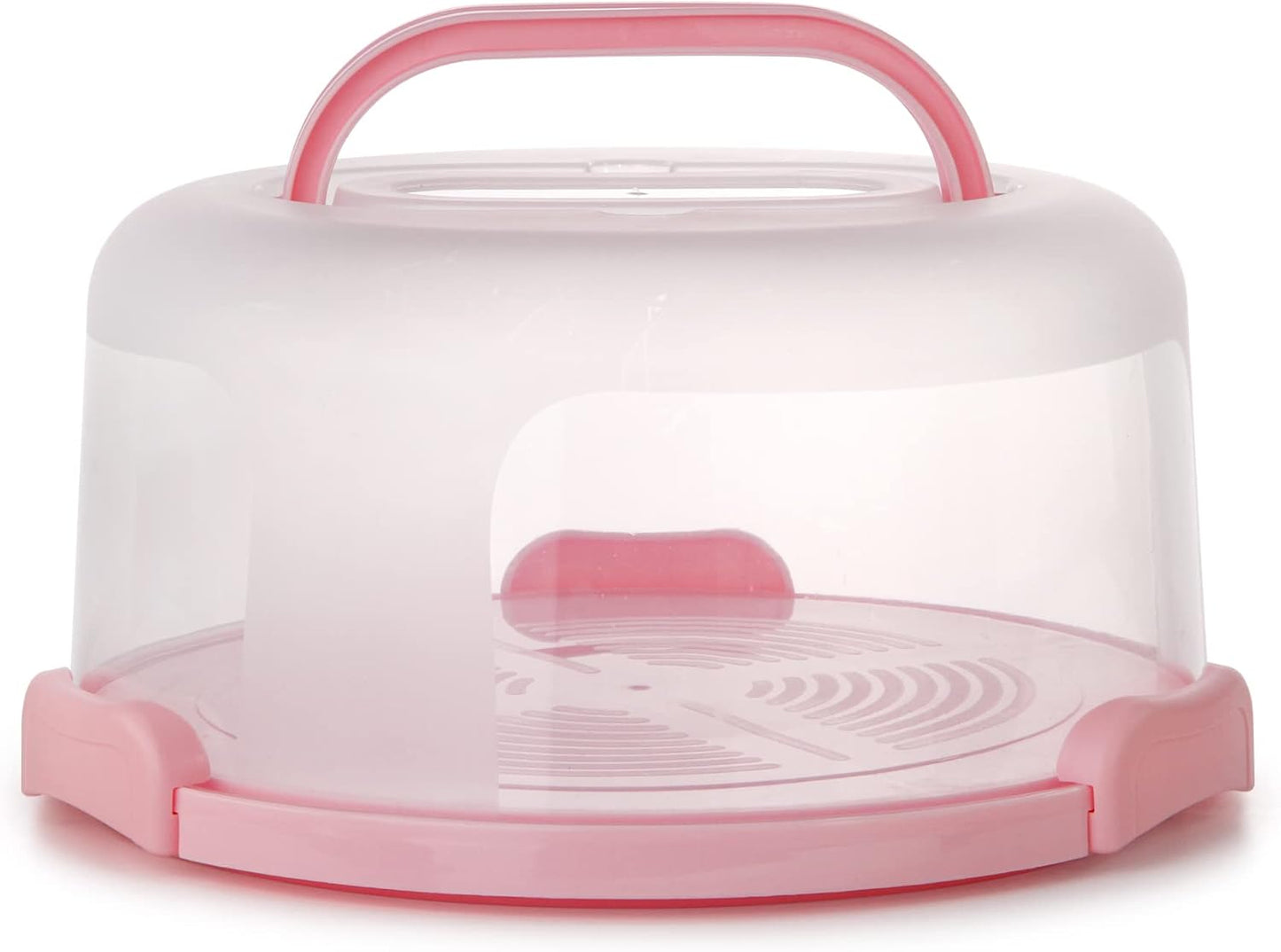 Portable Cake Carrier with Handle – Clear Dome Lid Dessert Holder, Holds 10-Inch Cakes or Pies, Food-Grade Plastic, Pink 12-Inch Base