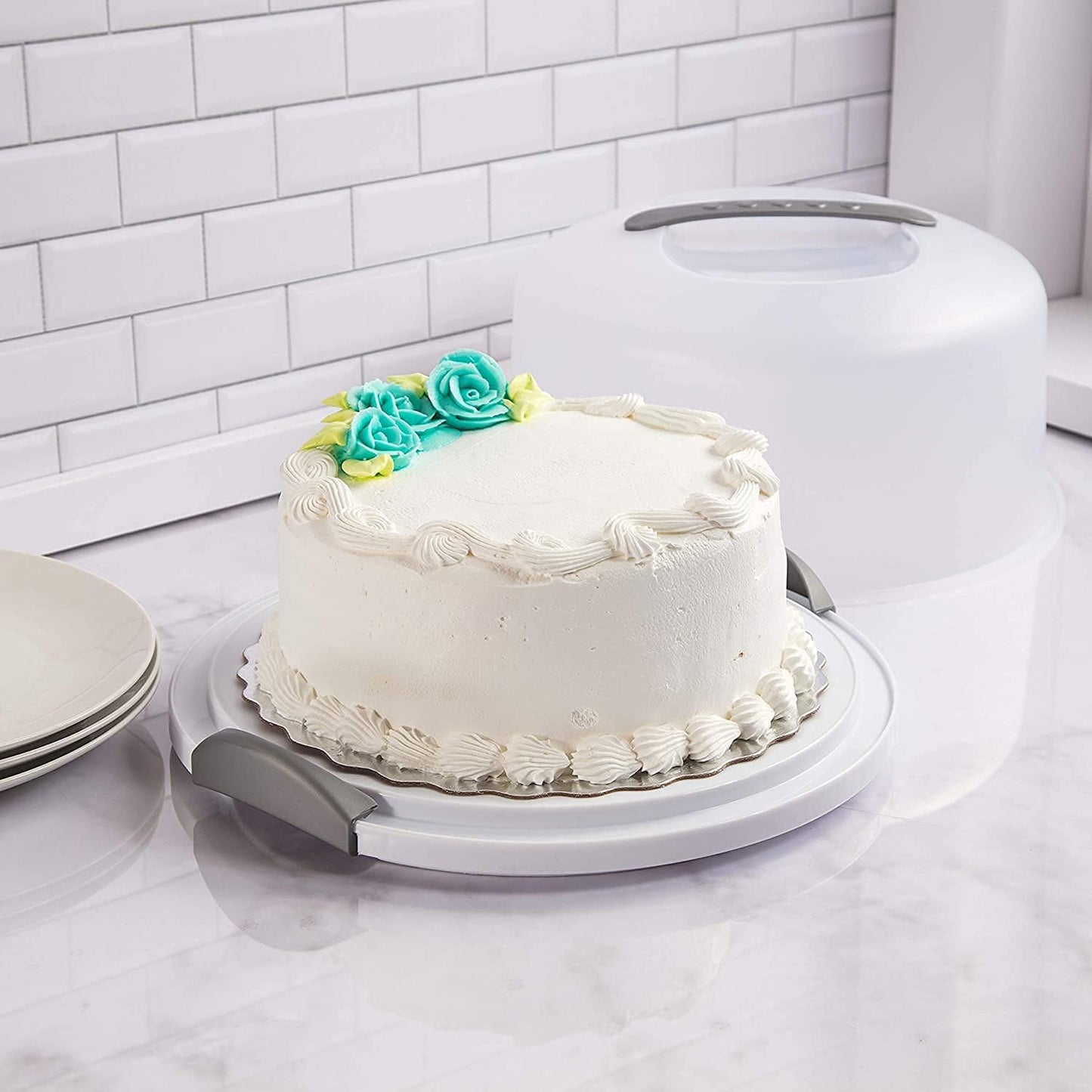 Large Capacity Cake Carrier with Handle & Locking Lid – 13.8" Dia x 8" Tall – Transparent Dome Cake Storage Holder for Multi-Layer Cakes, Safe Transport & Elegant Display