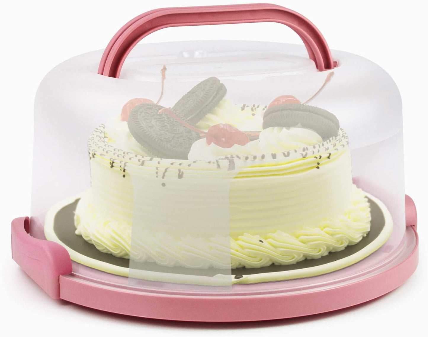 Portable Cake Carrier with Handle – Clear Dome Lid Dessert Holder, Holds 10-Inch Cakes or Pies, Food-Grade Plastic, Pink 12-Inch Base