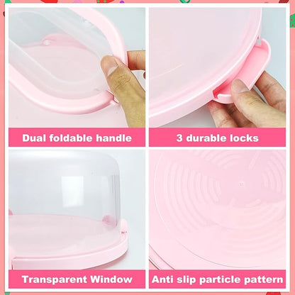 Pink Cake Carrier with Handle and Locking Lid – 12.2" Food-Grade Round Cake Storage Holder – Reusable Dessert Display Container with Transparent Dome and Twist-Lock Seals