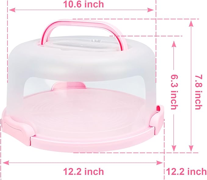 Pink Cake Carrier with Handle and Locking Lid – 12.2" Food-Grade Round Cake Storage Holder – Reusable Dessert Display Container with Transparent Dome and Twist-Lock Seals