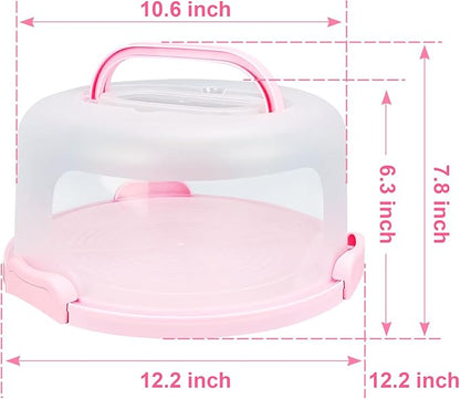Pink Cake Carrier with Handle and Locking Lid – 12.2" Food-Grade Round Cake Storage Holder – Reusable Dessert Display Container with Transparent Dome and Twist-Lock Seals