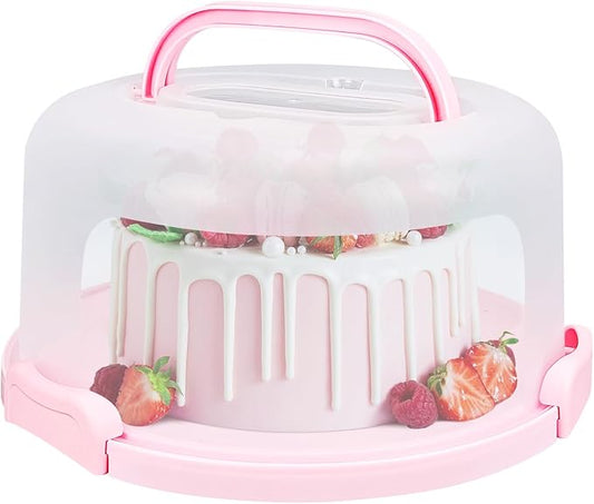 Pink Cake Carrier with Handle and Locking Lid – 12.2" Food-Grade Round Cake Storage Holder – Reusable Dessert Display Container with Transparent Dome and Twist-Lock Seals