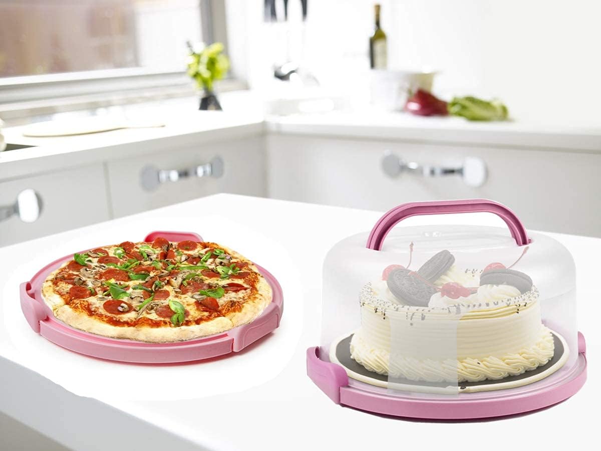 Portable Cake Carrier with Handle – Clear Dome Lid Dessert Holder, Holds 10-Inch Cakes or Pies, Food-Grade Plastic, Pink 12-Inch Base