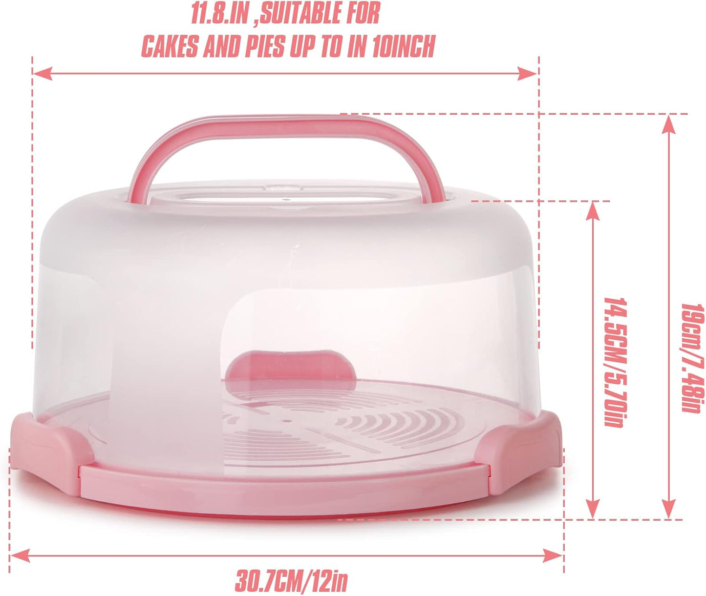 Portable Cake Carrier with Handle – Clear Dome Lid Dessert Holder, Holds 10-Inch Cakes or Pies, Food-Grade Plastic, Pink 12-Inch Base