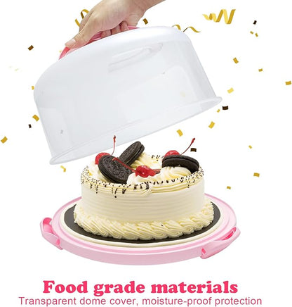 Pink Cake Carrier with Handle and Locking Lid – 12.2" Food-Grade Round Cake Storage Holder – Reusable Dessert Display Container with Transparent Dome and Twist-Lock Seals
