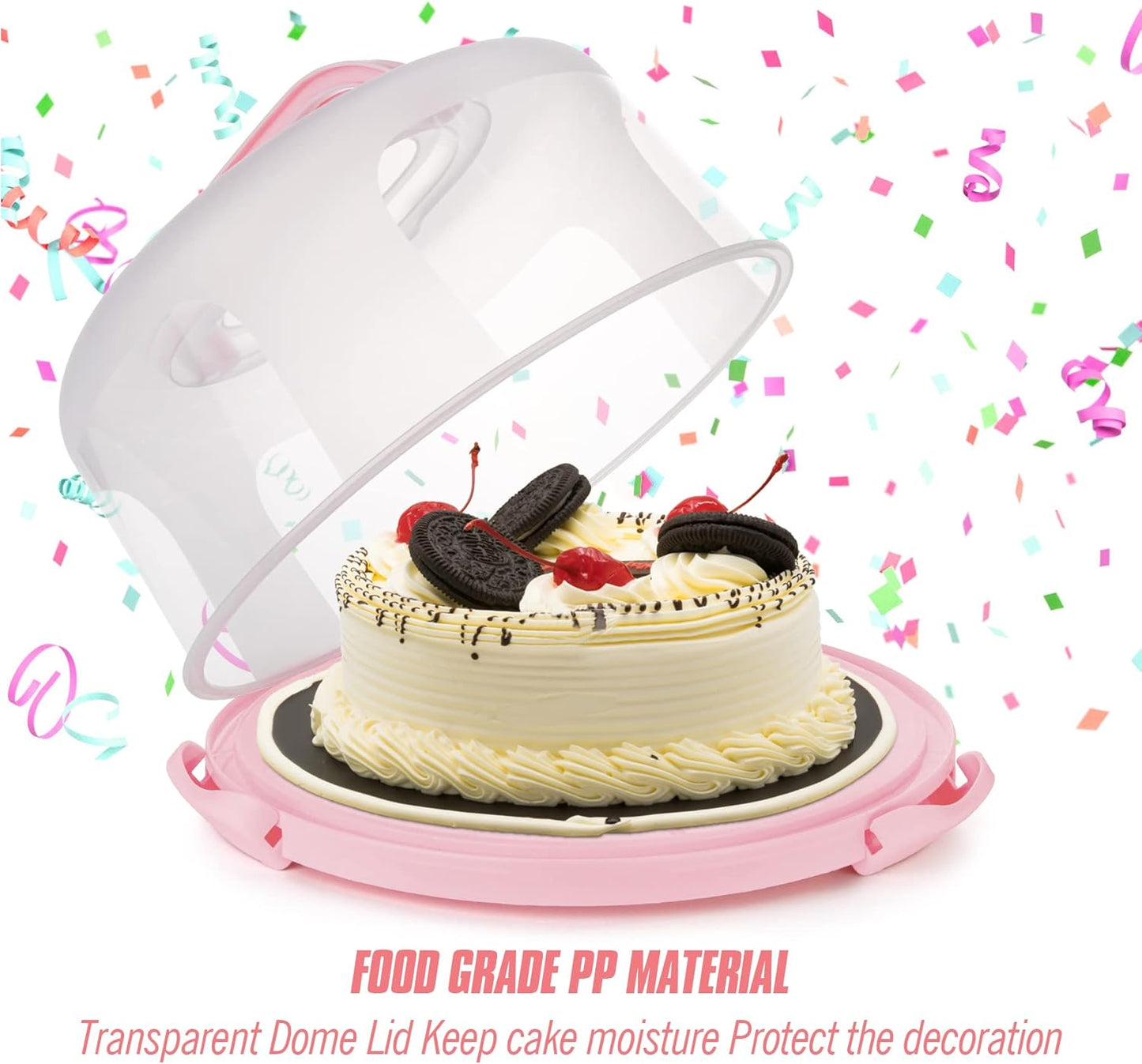 Portable Cake Carrier with Handle – Clear Dome Lid Dessert Holder, Holds 10-Inch Cakes or Pies, Food-Grade Plastic, Pink 12-Inch Base