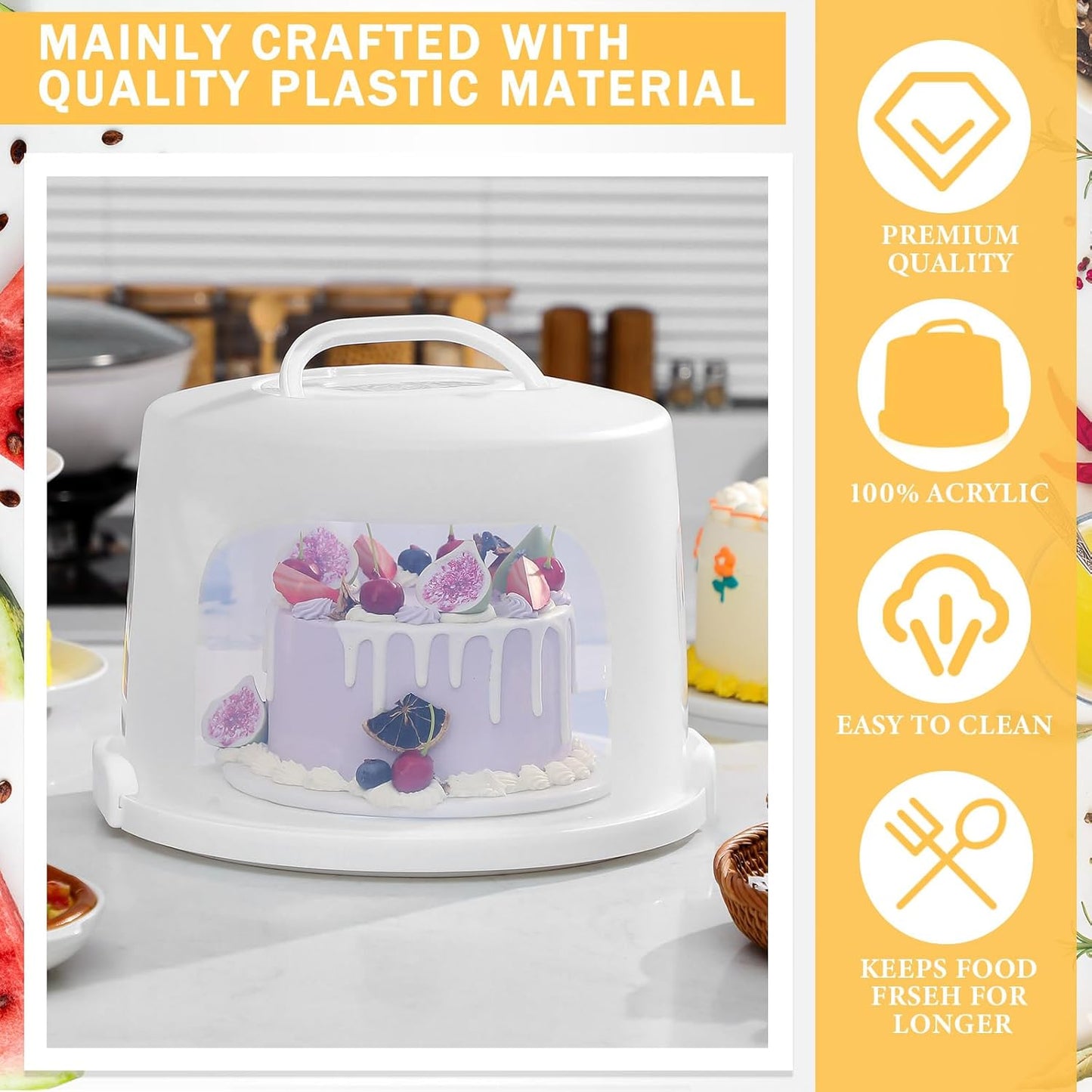 Large Tall Cake Carrier with Handle and Clear Dome Lid – Holds Up to 10" Cakes, 12" Base, Food-Grade Plastic Cake Storage Box