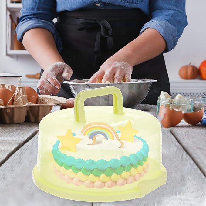 Round Cake Carrier with Handle and Floral Clear Lid – 10-Inch Food-Grade Plastic Cake Storage Box, Portable Dessert Holder