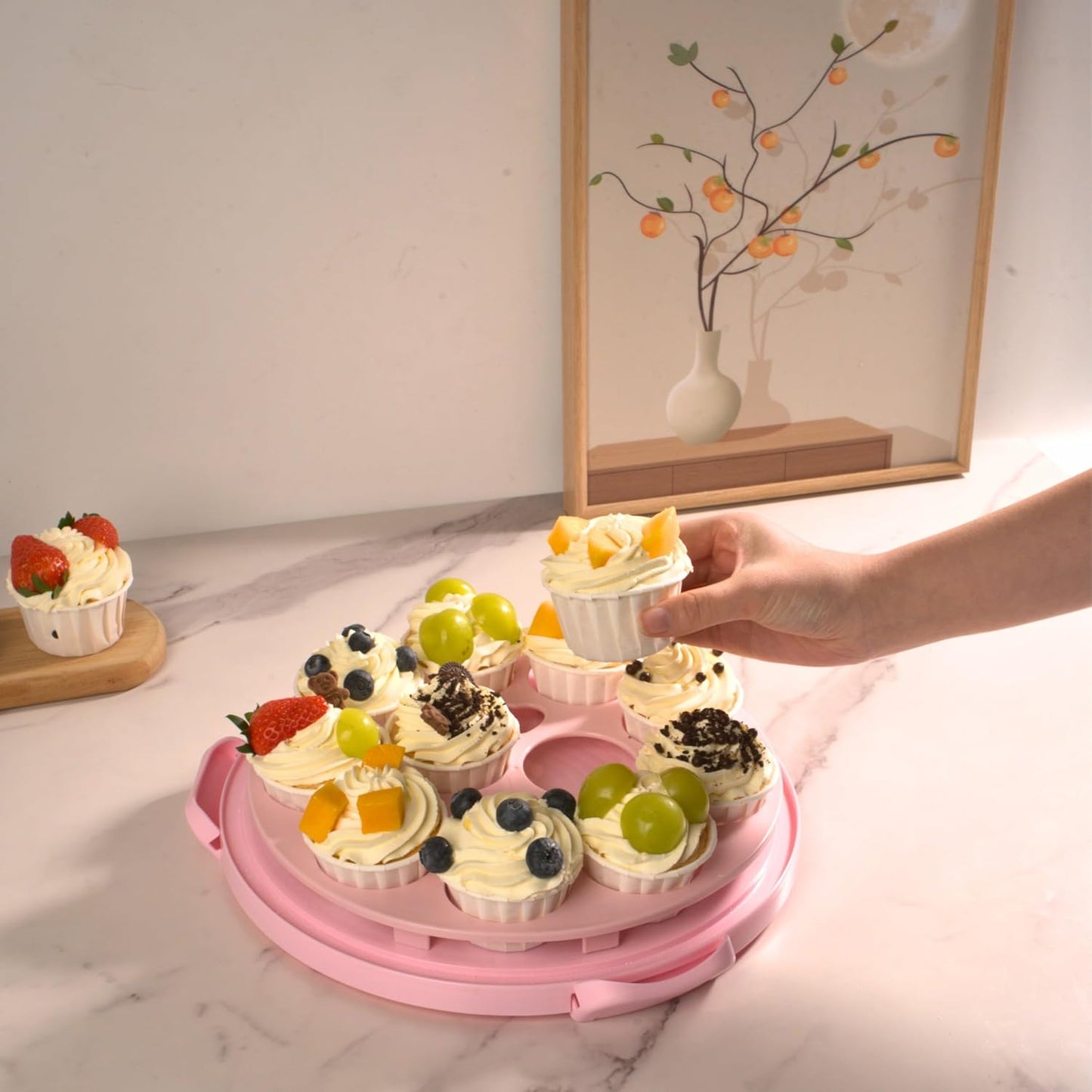 Portable Pink 2-Tier Cupcake Carrier with Clear Lid – Holds 12 Standard Cupcakes, Food-Grade Plastic Dessert Holder with Handle