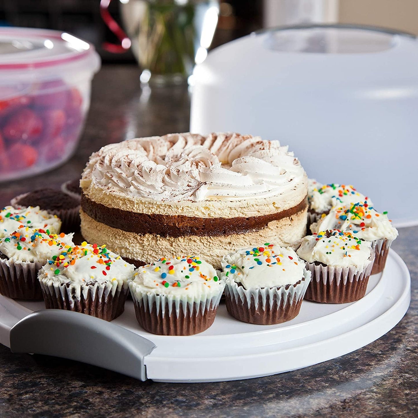Large Capacity Cake Carrier with Handle & Locking Lid – 13.8" Dia x 8" Tall – Transparent Dome Cake Storage Holder for Multi-Layer Cakes, Safe Transport & Elegant Display